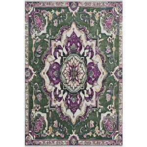 Pamuk Tabanlı Kaymaz Halı – Yeşil; Mor; Krem – Oriental Desen, Pamuk Dokuma Taban, Makinede Yıkanabilir, Kolay Temizlenebilir, Toz Ve Tüy Tutmaz, Kaymaz, Evcil Hayvan Dostu 100x180 cm