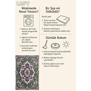 Pamuk Tabanlı Kaymaz Halı – Yeşil; Mor; Krem – Oriental Desen, Pamuk Dokuma Taban, Makinede Yıkanabilir, Kolay Temizlenebilir, Toz Ve Tüy Tutmaz, Kaymaz, Evcil Hayvan Dostu 100x180 cm