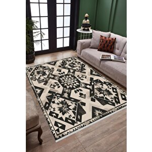 Pamuk Tabanlı Kaymaz Halı – Siyah; Krem – Oriental Desen, Makinede Yıkanabilir, Kolay Temizlenebilir, Toz Ve Tüy Tutmaz, Evcil Hayvan Dostu 180x270 cm