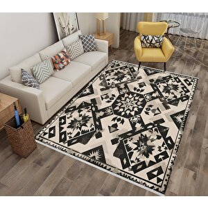 Pamuk Tabanlı Kaymaz Halı – Siyah; Krem – Oriental Desen, Makinede Yıkanabilir, Kolay Temizlenebilir, Toz Ve Tüy Tutmaz, Evcil Hayvan Dostu 180x270 cm