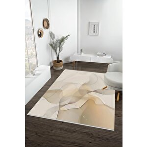 Pamuk Tabanlı Kaymaz Halı – Bej; Krem; Kahverengi – Soyut Desen, Makinede Yıkanabilir, Kolay Temizlenebilir, Toz Ve Tüy Tutmaz, Evcil Hayvan Dostu 80x150 cm