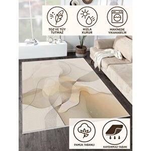 Pamuk Tabanlı Kaymaz Halı – Bej; Krem; Kahverengi – Soyut Desen, Makinede Yıkanabilir, Kolay Temizlenebilir, Toz Ve Tüy Tutmaz, Evcil Hayvan Dostu
