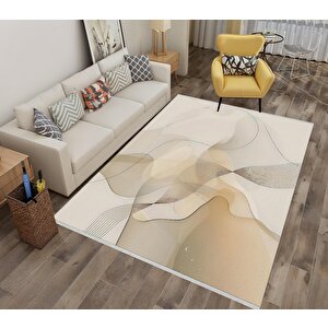 Pamuk Tabanlı Kaymaz Halı – Bej; Krem; Kahverengi – Soyut Desen, Makinede Yıkanabilir, Kolay Temizlenebilir, Toz Ve Tüy Tutmaz, Evcil Hayvan Dostu