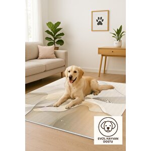 Pamuk Tabanlı Kaymaz Halı – Bej; Krem; Kahverengi – Soyut Desen, Makinede Yıkanabilir, Kolay Temizlenebilir, Toz Ve Tüy Tutmaz, Evcil Hayvan Dostu