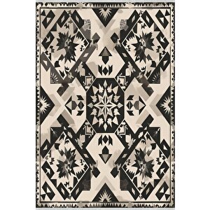 Pamuk Tabanlı Kaymaz Halı – Siyah; Krem – Oriental Desen, Makinede Yıkanabilir, Kolay Temizlenebilir, Toz Ve Tüy Tutmaz, Evcil Hayvan Dostu 120x180 cm