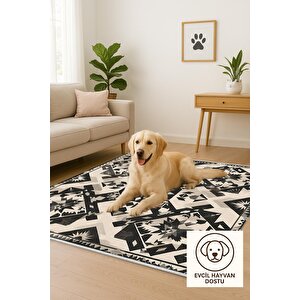 Pamuk Tabanlı Kaymaz Halı – Siyah; Krem – Oriental Desen, Makinede Yıkanabilir, Kolay Temizlenebilir, Toz Ve Tüy Tutmaz, Evcil Hayvan Dostu