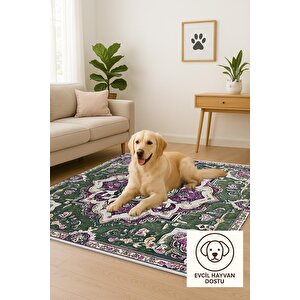 Pamuk Tabanlı Kaymaz Halı – Yeşil; Mor; Krem – Oriental Desen, Pamuk Dokuma Taban, Makinede Yıkanabilir, Kolay Temizlenebilir, Toz Ve Tüy Tutmaz, Kaymaz, Evcil Hayvan Dostu 150x300 cm