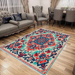Pamuk Tabanlı Kaymaz Halı – Kırmızı; Lacivert; Yeşil; Krem – Oriental Desen, Makinede Yıkanabilir, Kolay Temizlenebilir, Toz Ve Tüy Tutmaz, Evcil Hayvan Dostu 200x220 cm