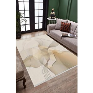 Pamuk Tabanlı Kaymaz Halı – Bej; Krem; Kahverengi – Soyut Desen, Makinede Yıkanabilir, Kolay Temizlenebilir, Toz Ve Tüy Tutmaz, Evcil Hayvan Dostu 150x150 cm