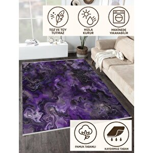 Pamuk Tabanlı Kaymaz Halı – Mor; Siyah; Gri – Soyut Desen, Makinede Yıkanabilir, Kolay Temizlenebilir, Toz Ve Tüy Tutmaz, Evcil Hayvan Dostu 160x230 cm