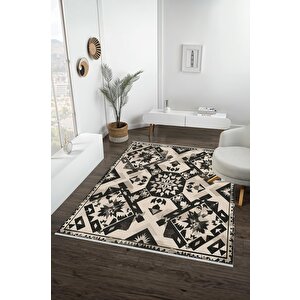 Pamuk Tabanlı Kaymaz Halı – Siyah; Krem – Oriental Desen, Makinede Yıkanabilir, Kolay Temizlenebilir, Toz Ve Tüy Tutmaz, Evcil Hayvan Dostu