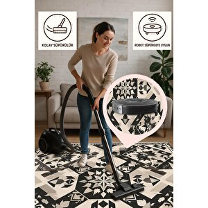 Pamuk Tabanlı Kaymaz Halı – Siyah; Krem – Oriental Desen, Makinede Yıkanabilir, Kolay Temizlenebilir, Toz Ve Tüy Tutmaz, Evcil Hayvan Dostu