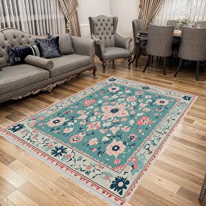Pamuk Tabanlı Kaymaz Halı – Turkuaz; Krem; Pembe; Lacivert – Çiçek Desen, Makinede Yıkanabilir, Kolay Temizlenebilir, Toz Ve Tüy Tutmaz, Evcil Hayvan Dostu 200x350 cm