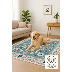 Pamuk Tabanlı Kaymaz Halı – Turkuaz; Krem; Pembe; Lacivert – Çiçek Desen, Makinede Yıkanabilir, Kolay Temizlenebilir, Toz Ve Tüy Tutmaz, Evcil Hayvan Dostu