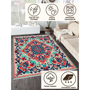 Pamuk Tabanlı Kaymaz Halı – Kırmızı; Lacivert; Yeşil; Krem – Oriental Desen, Makinede Yıkanabilir, Kolay Temizlenebilir, Toz Ve Tüy Tutmaz, Evcil Hayvan Dostu