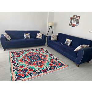 Pamuk Tabanlı Kaymaz Halı – Kırmızı; Lacivert; Yeşil; Krem – Oriental Desen, Makinede Yıkanabilir, Kolay Temizlenebilir, Toz Ve Tüy Tutmaz, Evcil Hayvan Dostu