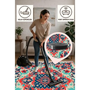 Pamuk Tabanlı Kaymaz Halı – Kırmızı; Lacivert; Yeşil; Krem – Oriental Desen, Makinede Yıkanabilir, Kolay Temizlenebilir, Toz Ve Tüy Tutmaz, Evcil Hayvan Dostu