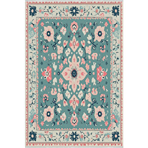 Pamuk Tabanlı Kaymaz Halı – Turkuaz; Krem; Pembe; Lacivert – Çiçek Desen, Makinede Yıkanabilir, Kolay Temizlenebilir, Toz Ve Tüy Tutmaz, Evcil Hayvan Dostu 150x240 cm