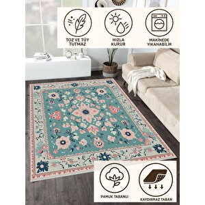 Pamuk Tabanlı Kaymaz Halı – Turkuaz; Krem; Pembe; Lacivert – Çiçek Desen, Makinede Yıkanabilir, Kolay Temizlenebilir, Toz Ve Tüy Tutmaz, Evcil Hayvan Dostu 150x240 cm