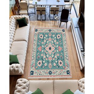 Pamuk Tabanlı Kaymaz Halı – Turkuaz; Krem; Pembe; Lacivert – Çiçek Desen, Makinede Yıkanabilir, Kolay Temizlenebilir, Toz Ve Tüy Tutmaz, Evcil Hayvan Dostu