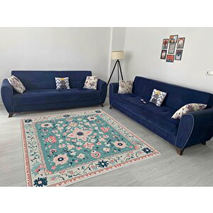 Pamuk Tabanlı Kaymaz Halı – Turkuaz; Krem; Pembe; Lacivert – Çiçek Desen, Makinede Yıkanabilir, Kolay Temizlenebilir, Toz Ve Tüy Tutmaz, Evcil Hayvan Dostu