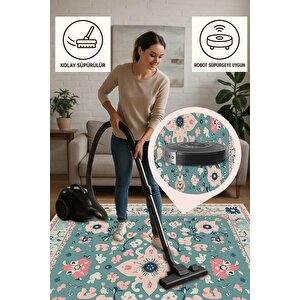 Pamuk Tabanlı Kaymaz Halı – Turkuaz; Krem; Pembe; Lacivert – Çiçek Desen, Makinede Yıkanabilir, Kolay Temizlenebilir, Toz Ve Tüy Tutmaz, Evcil Hayvan Dostu