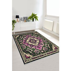 Pamuk Tabanlı Kaymaz Halı – Yeşil; Mor; Bej – Oriental Desen, Pamuk Dokuma Taban, Makinede Yıkanabilir, Kolay Temizlenebilir, Toz Ve Tüy Tutmaz, Kaymaz, Evcil Hayvan Dostu