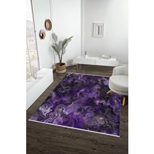 Pamuk Tabanlı Kaymaz Halı – Mor; Siyah; Gri – Soyut Desen, Makinede Yıkanabilir, Kolay Temizlenebilir, Toz Ve Tüy Tutmaz, Evcil Hayvan Dostu 150x150 cm