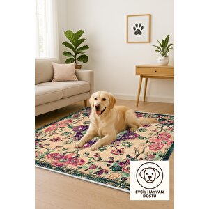Pamuk Tabanlı Kaymaz Halı – Yeşil; Mor; Krem – Oriental Desen, Pamuk Dokuma Taban, Makinede Yıkanabilir, Kolay Temizlenebilir, Toz Ve Tüy Tutmaz, Kaymaz, Evcil Hayvan Dostu 120x180 cm
