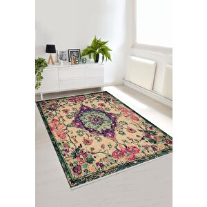 Pamuk Tabanlı Kaymaz Halı – Yeşil; Mor; Krem – Oriental Desen, Pamuk Dokuma Taban, Makinede Yıkanabilir, Kolay Temizlenebilir, Toz Ve Tüy Tutmaz, Kaymaz, Evcil Hayvan Dostu 120x180 cm