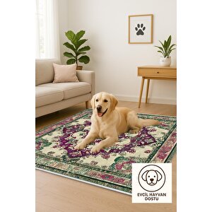Pamuk Tabanlı Kaymaz Halı – Yeşil; Mor; Krem – Oriental Desen, Pamuk Dokuma Taban, Makinede Yıkanabilir, Kolay Temizlenebilir, Toz Ve Tüy Tutmaz, Kaymaz, Evcil Hayvan Dostu 80x150 cm