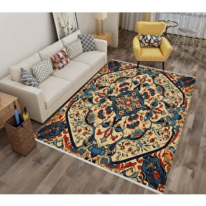 Pamuk Tabanlı Kaymaz Halı – Lacivert; Kırmızı; Bej; Yeşil – Oriental Desen, Makinede Yıkanabilir, Kolay Temizlenebilir, Toz Ve Tüy Tutmaz, Evcil Hayvan Dostu