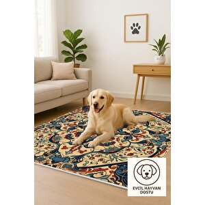 Pamuk Tabanlı Kaymaz Halı – Lacivert; Kırmızı; Bej; Yeşil – Oriental Desen, Makinede Yıkanabilir, Kolay Temizlenebilir, Toz Ve Tüy Tutmaz, Evcil Hayvan Dostu