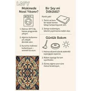 Pamuk Tabanlı Kaymaz Halı – Lacivert; Kırmızı; Bej; Yeşil – Oriental Desen, Makinede Yıkanabilir, Kolay Temizlenebilir, Toz Ve Tüy Tutmaz, Evcil Hayvan Dostu