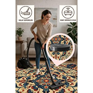 Pamuk Tabanlı Kaymaz Halı – Lacivert; Kırmızı; Bej; Yeşil – Oriental Desen, Makinede Yıkanabilir, Kolay Temizlenebilir, Toz Ve Tüy Tutmaz, Evcil Hayvan Dostu