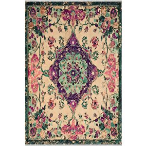 Pamuk Tabanlı Kaymaz Halı – Yeşil; Mor; Krem – Oriental Desen, Pamuk Dokuma Taban, Makinede Yıkanabilir, Kolay Temizlenebilir, Toz Ve Tüy Tutmaz, Kaymaz, Evcil Hayvan Dostu 160x230 cm