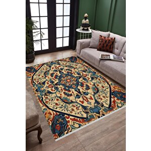 Pamuk Tabanlı Kaymaz Halı – Lacivert; Kırmızı; Bej; Yeşil – Oriental Desen, Makinede Yıkanabilir, Kolay Temizlenebilir, Toz Ve Tüy Tutmaz, Evcil Hayvan Dostu 160x230 cm