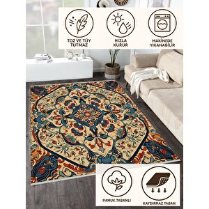 Pamuk Tabanlı Kaymaz Halı – Lacivert; Kırmızı; Bej; Yeşil – Oriental Desen, Makinede Yıkanabilir, Kolay Temizlenebilir, Toz Ve Tüy Tutmaz, Evcil Hayvan Dostu 160x230 cm