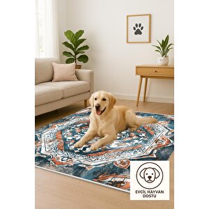 Pamuk Tabanlı Kaymaz Halı – Turkuaz; Turuncu; Beyaz – Oriental Desen, Makinede Yıkanabilir, Kolay Temizlenebilir, Toz Ve Tüy Tutmaz, Evcil Hayvan Dostu 200x350 cm