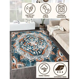 Pamuk Tabanlı Kaymaz Halı – Turkuaz; Turuncu; Beyaz – Oriental Desen, Makinede Yıkanabilir, Kolay Temizlenebilir, Toz Ve Tüy Tutmaz, Evcil Hayvan Dostu