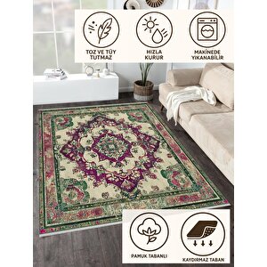 Pamuk Tabanlı Kaymaz Halı – Yeşil; Mor; Krem – Oriental Desen, Pamuk Dokuma Taban, Makinede Yıkanabilir, Kolay Temizlenebilir, Toz Ve Tüy Tutmaz, Kaymaz, Evcil Hayvan Dostu