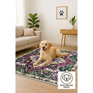 Pamuk Tabanlı Kaymaz Halı – Yeşil; Mor; Krem – Oriental Desen, Pamuk Dokuma Taban, Makinede Yıkanabilir, Kolay Temizlenebilir, Toz Ve Tüy Tutmaz, Kaymaz, Evcil Hayvan Dostu 180x200 cm