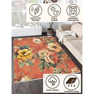 Pamuk Tabanlı Kaymaz Halı – Turuncu; Sarı; Yeşil; Krem – Floral Desen, Makinede Yıkanabilir, Kolay Temizlenebilir, Toz Ve Tüy Tutmaz, Evcil Hayvan Dostu 200x270 cm