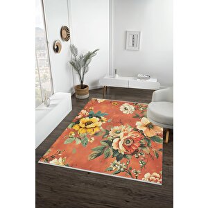 Pamuk Tabanlı Kaymaz Halı – Turuncu; Sarı; Yeşil; Krem – Floral Desen, Makinede Yıkanabilir, Kolay Temizlenebilir, Toz Ve Tüy Tutmaz, Evcil Hayvan Dostu 200x270 cm