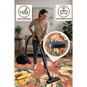 Pamuk Tabanlı Kaymaz Halı – Turuncu; Sarı; Yeşil; Krem – Floral Desen, Makinede Yıkanabilir, Kolay Temizlenebilir, Toz Ve Tüy Tutmaz, Evcil Hayvan Dostu