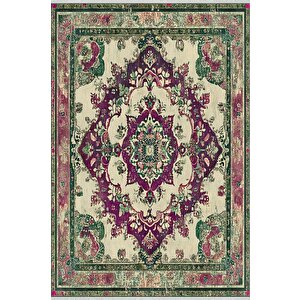Pamuk Tabanlı Kaymaz Halı – Yeşil; Mor; Krem – Oriental Desen, Pamuk Dokuma Taban, Makinede Yıkanabilir, Kolay Temizlenebilir, Toz Ve Tüy Tutmaz, Kaymaz, Evcil Hayvan Dostu 160x180 cm