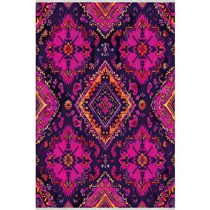 Pamuk Tabanlı Kaymaz Halı – Pembe; Mor; Turuncu – Oriental Desen, Makinede Yıkanabilir, Kolay Temizlenebilir, Toz Ve Tüy Tutmaz, Evcil Hayvan Dostu 180x200 cm
