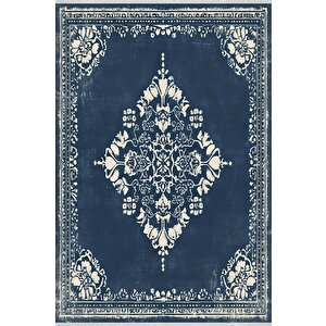 Yıkanabilir Halı – Lacivert; Krem – Geleneksel Desen, Pamuk Dokuma Taban, Makinede Yıkanabilir, Kolay Temizlenebilir, Toz Ve Tüy Tutmaz, Kaymaz, Evcil Hayvan Dostu 160x350 cm