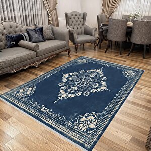 Yıkanabilir Halı – Lacivert; Krem – Geleneksel Desen, Pamuk Dokuma Taban, Makinede Yıkanabilir, Kolay Temizlenebilir, Toz Ve Tüy Tutmaz, Kaymaz, Evcil Hayvan Dostu 160x350 cm