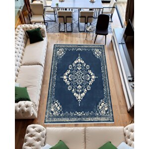 Yıkanabilir Halı – Lacivert; Krem – Geleneksel Desen, Pamuk Dokuma Taban, Makinede Yıkanabilir, Kolay Temizlenebilir, Toz Ve Tüy Tutmaz, Kaymaz, Evcil Hayvan Dostu 160x350 cm